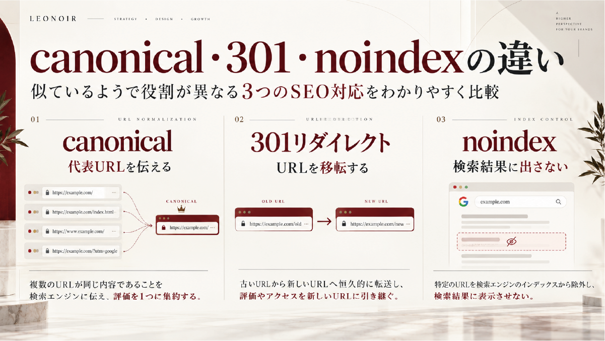 canonicalは代表URLを伝える、301リダイレクトはURLを移転する、noindexは検索結果に表示させないという3つのSEO対応の違いを比較した図解