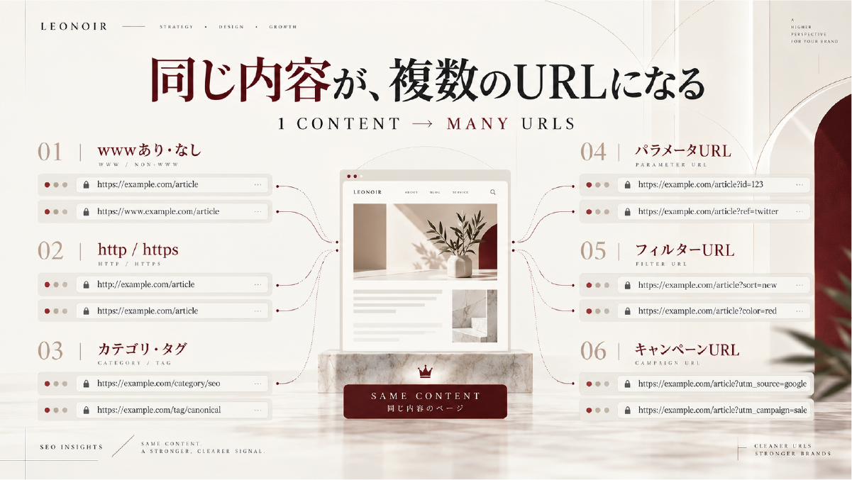 同じ内容がwwwありなし、HTTPとHTTPS、カテゴリやタグ、パラメータURL、フィルターURL、キャンペーンURLなど複数のURLで表示される例を示した図解