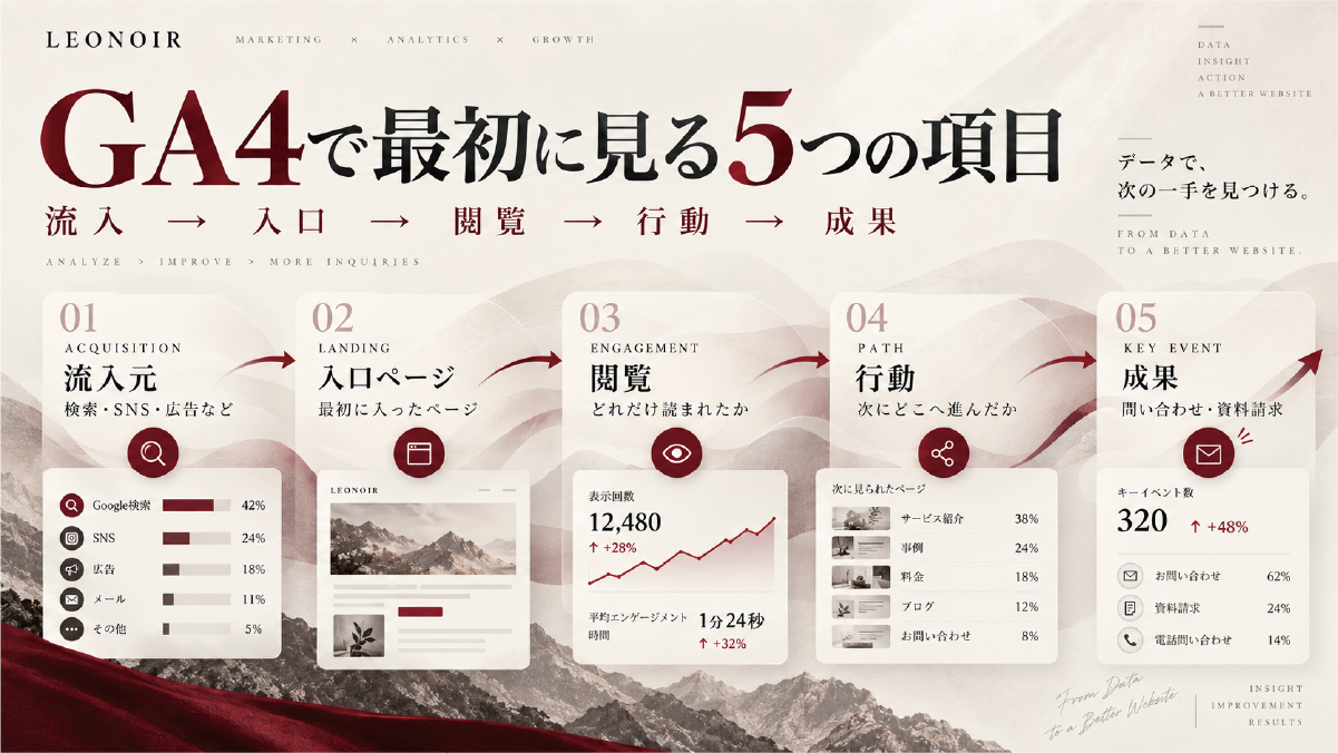 GA4で最初に見るべき5つの項目として、流入、入口ページ、閲覧、行動、成果を順番に整理した図解