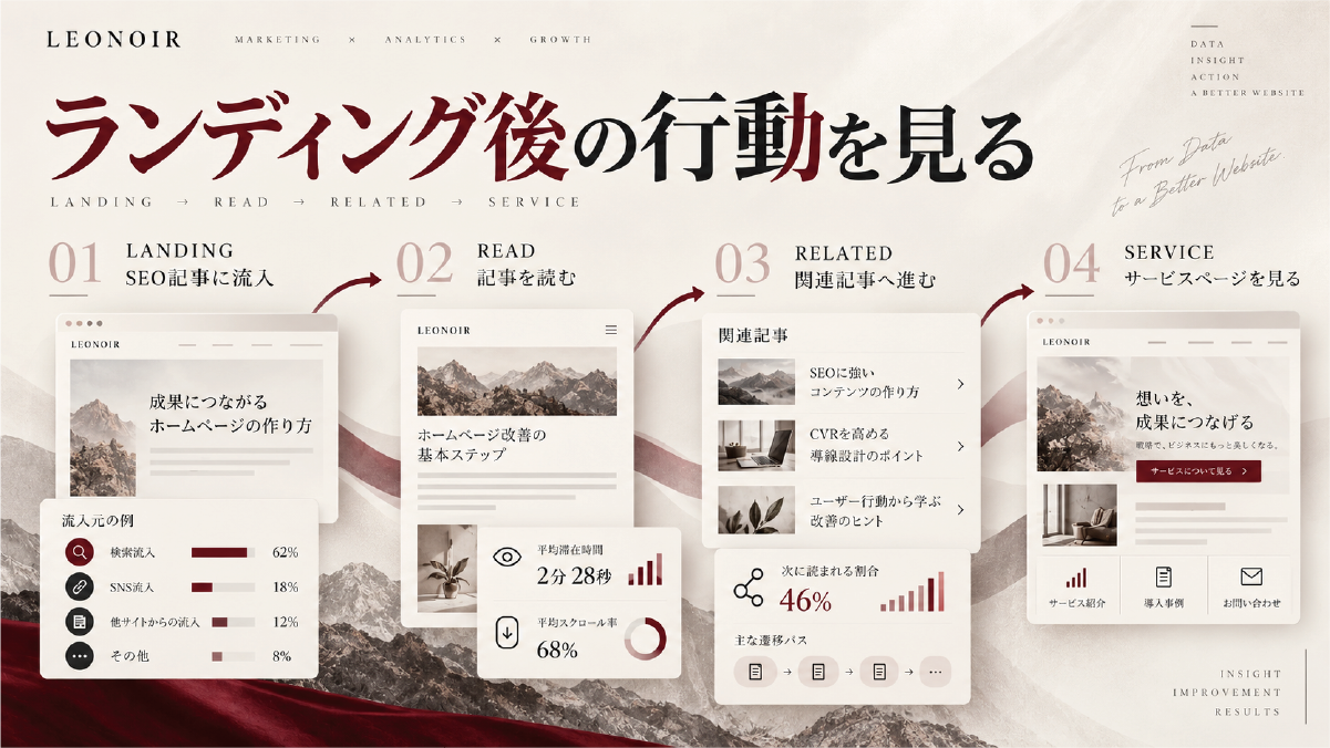 ランディングページへの流入から記事閲覧、関連記事、サービスページへ進むユーザー行動をGA4で分析する流れを示した図解