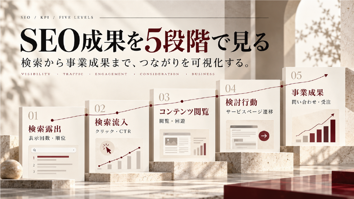 SEO成果を検索露出、検索流入、コンテンツ閲覧、検討行動、事業成果の5段階で整理した図解