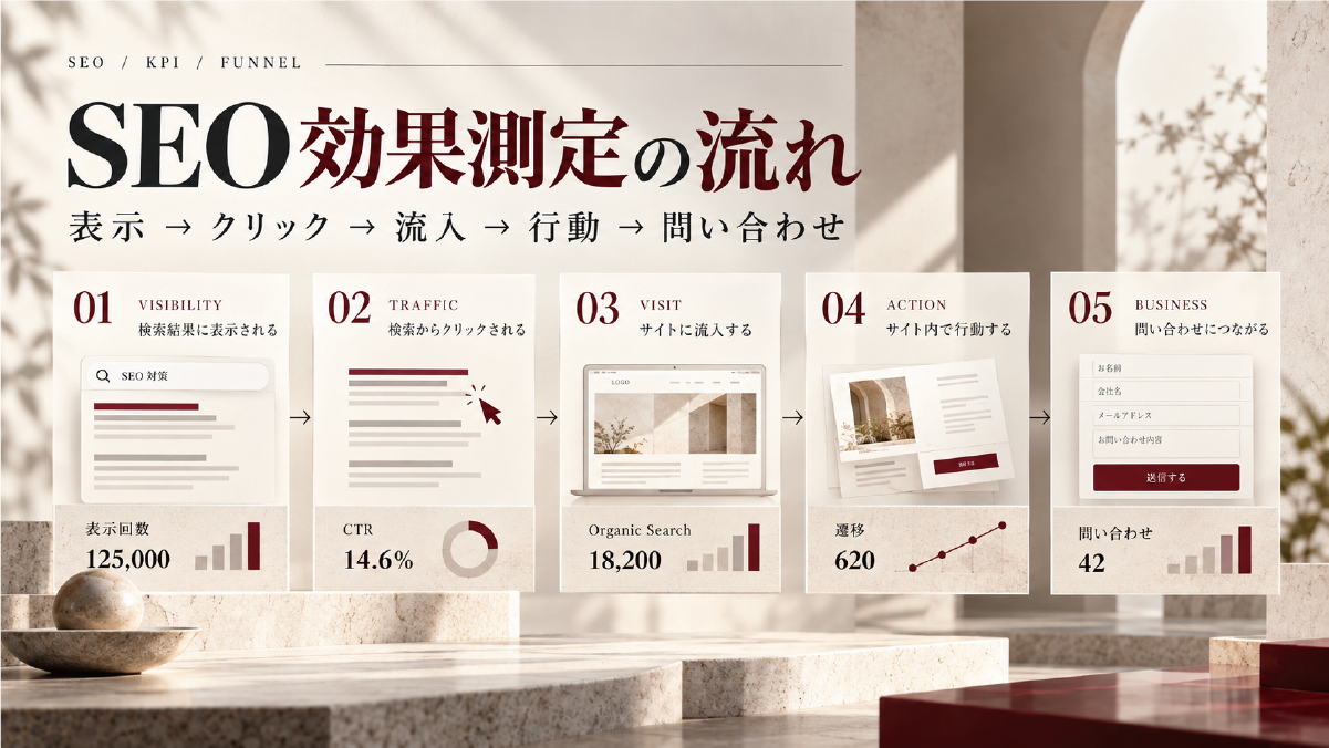 SEO効果測定を表示、クリック、流入、行動、問い合わせの5段階で整理したKPIファネルの図解