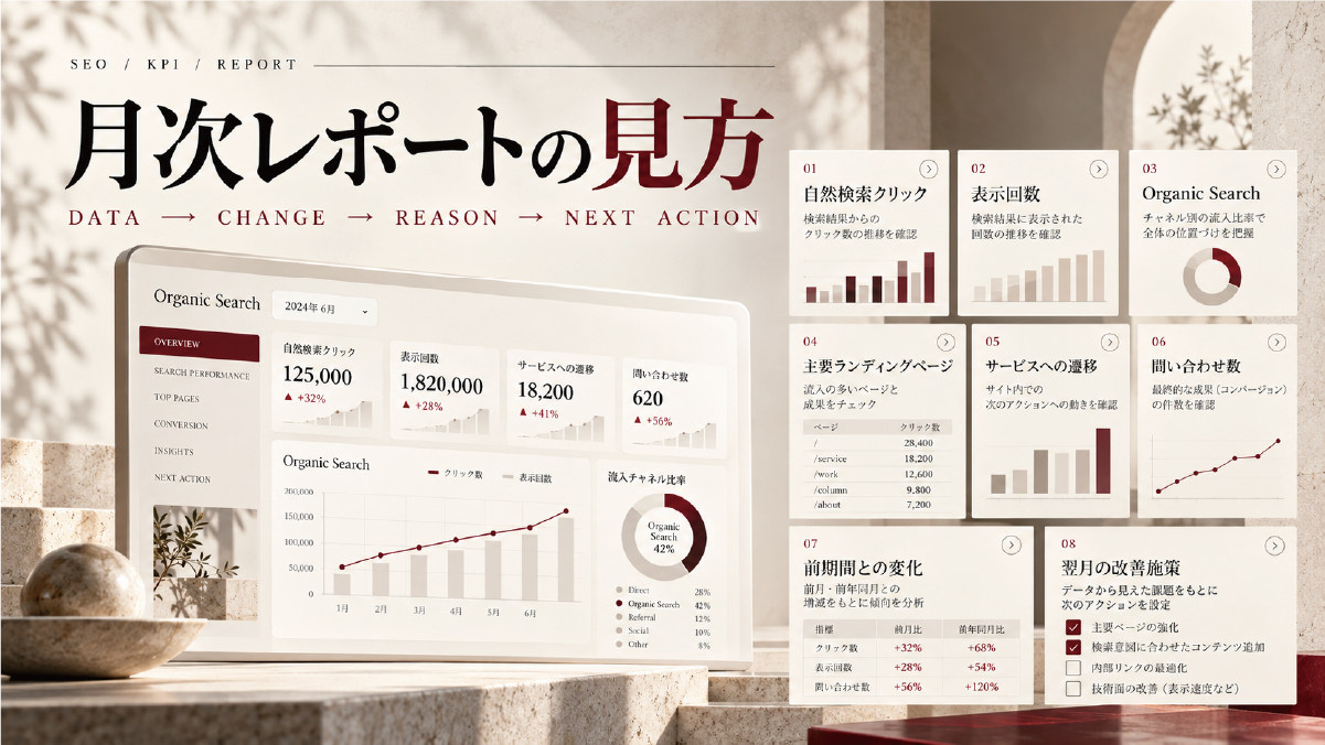 SEO月次レポートで見る自然検索クリック、表示回数、Organic Search、主要ランディングページ、サービスへの遷移、問い合わせ、前期間との変化、翌月施策を整理した図解