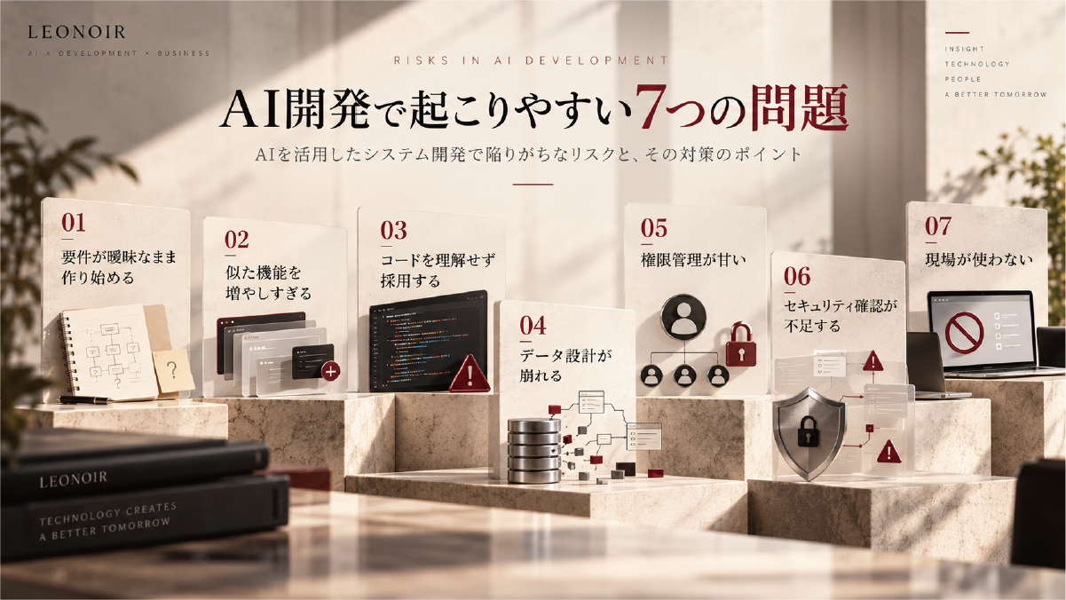 AIシステム開発で起こりやすい7つの問題として、要件の曖昧さ、機能追加、コード理解、データ設計、権限管理、セキュリティ、現場運用を整理した図解