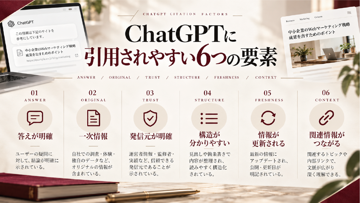 ChatGPTに引用されやすいページの6つの要素として、明確な回答、一次情報、発信元、構造、更新性、関連情報を整理した図解