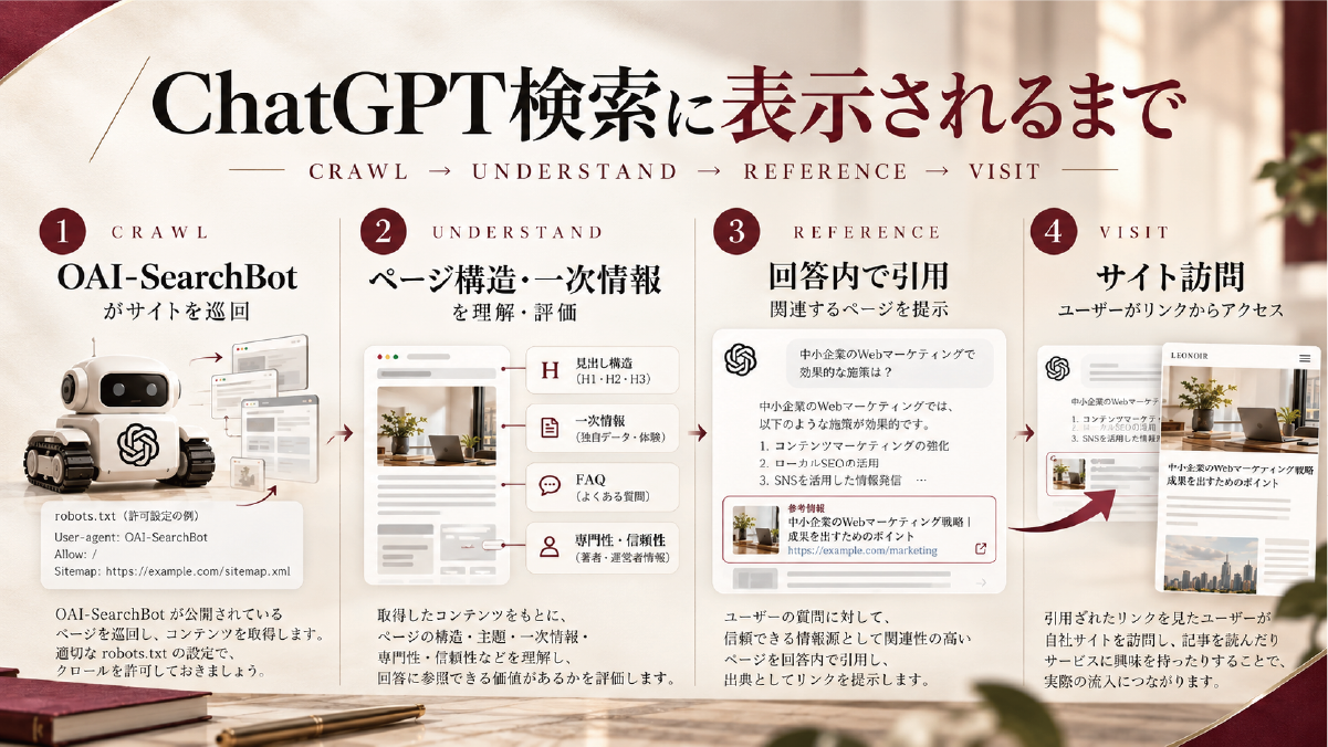 ChatGPT検索に自社サイトが表示されるまでの流れを、クロール・理解・引用・サイト訪問の4段階で整理した図解