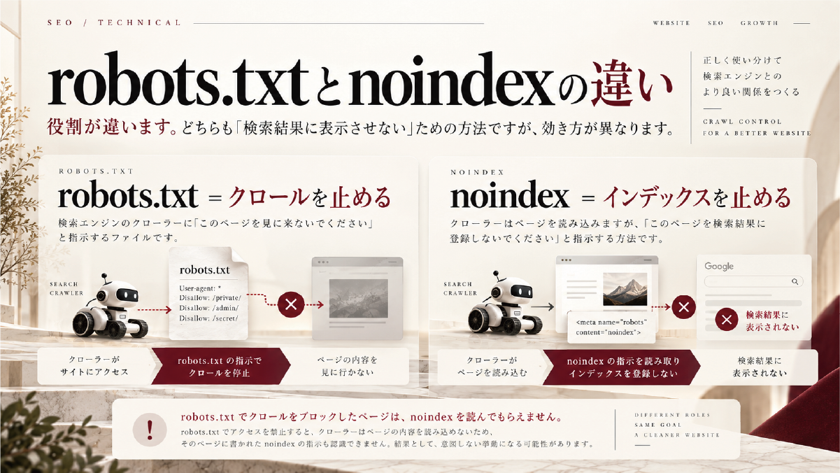 robots.txtはクロールを止め、noindexは検索インデックスへの登録を止めるという違いを比較した図解