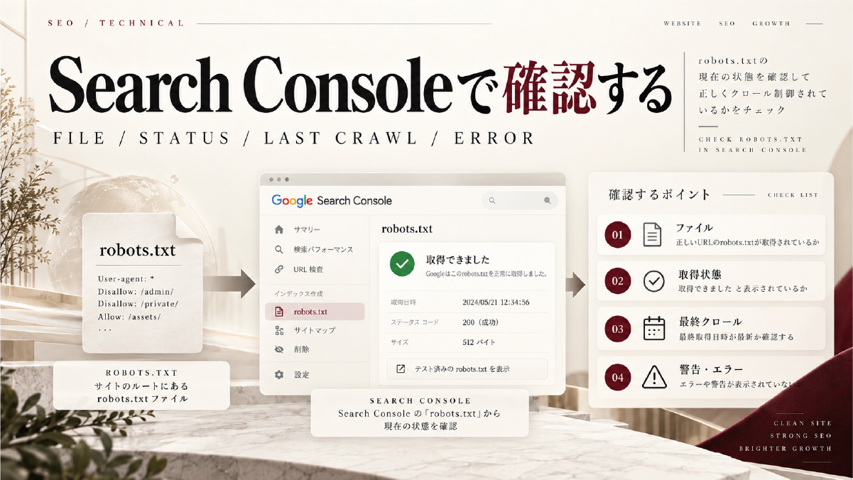 Search Consoleでrobots.txtのファイル、取得状態、最終クロール、警告やエラーを確認する方法を整理した図解