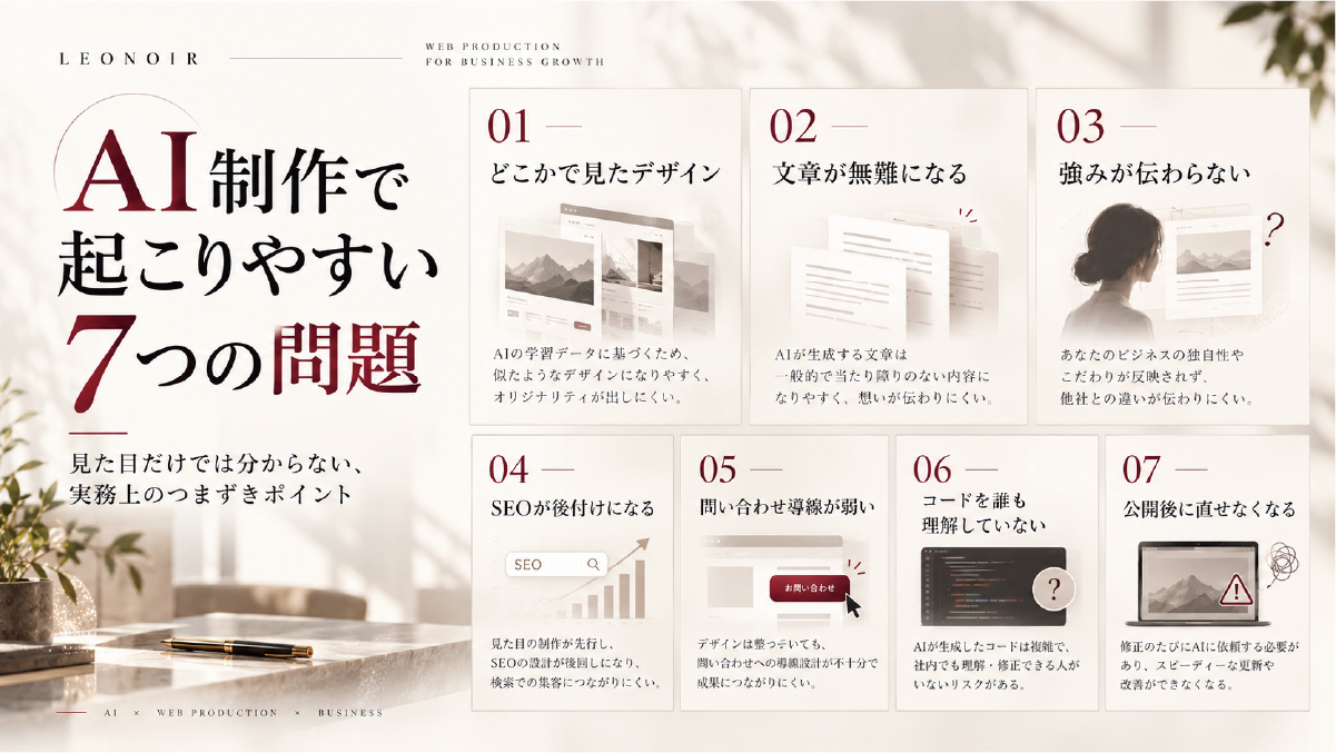 AIでホームページを制作するときに起こりやすい7つの問題をまとめた図解