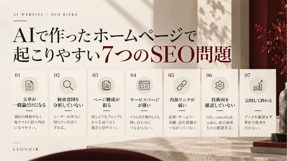 AIで作ったホームページで起こりやすい7つのSEO問題として、一般論、検索意図、ページ構成、サービスページ、内部リンク、技術面、公開後の運用を整理した図解