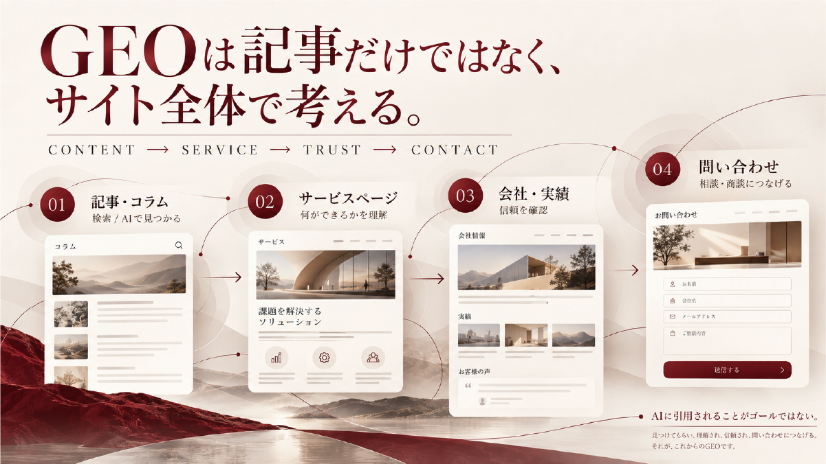 GEOを記事だけで考えず、コンテンツからサービスページ、会社・実績、問い合わせまでサイト全体で設計する流れを示した図解