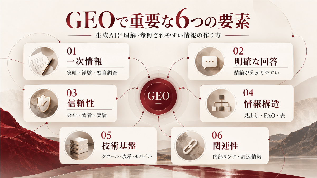 GEOで重要な6つの要素として、一次情報、明確な回答、信頼性、情報構造、技術基盤、関連性を整理した図解