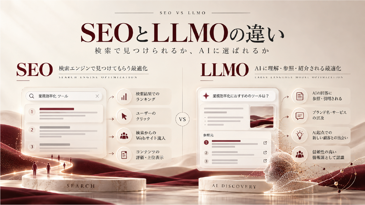 SEOとLLMOの違いを、検索結果で見つけてもらうSEOと、AIに理解・参照・紹介されるLLMOで比較した図解