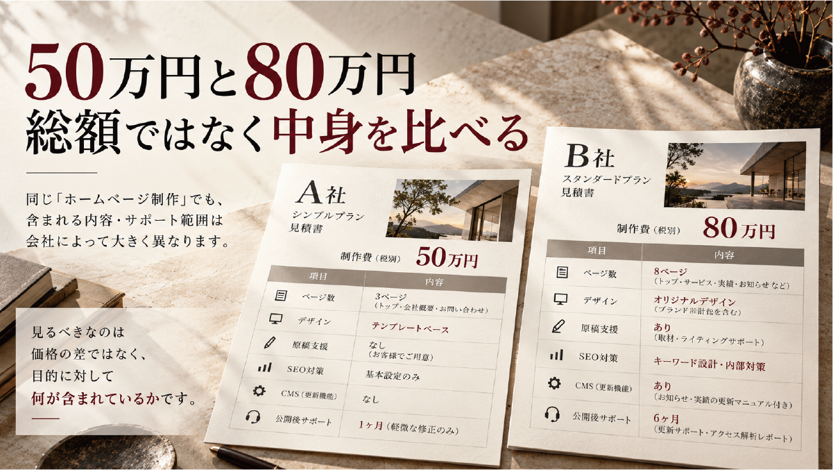 ホームページ制作の50万円と80万円の見積もりを、ページ数、デザイン、原稿支援、SEO、CMS、公開後サポートなどの内容で比較した図解