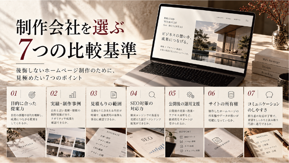 ホームページ制作会社を選ぶ7つの比較基準として、提案力、実績、見積もり、SEO、公開後支援、所有権、コミュニケーションを整理した図解