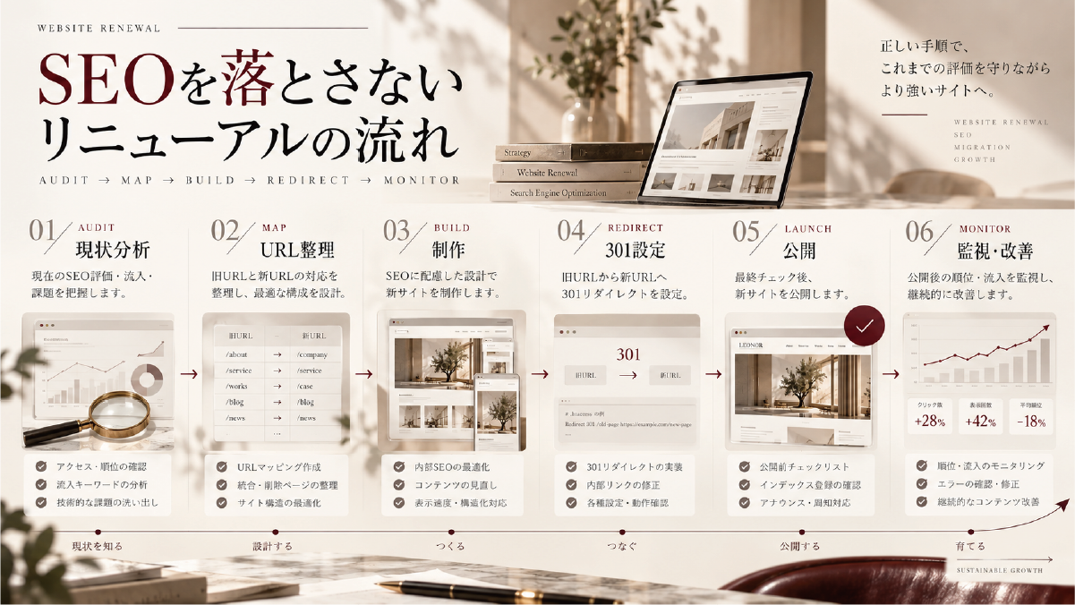 SEOを落とさないホームページリニューアルの流れを、現状分析、URL整理、制作、301リダイレクト、公開、監視改善の工程で整理した図解