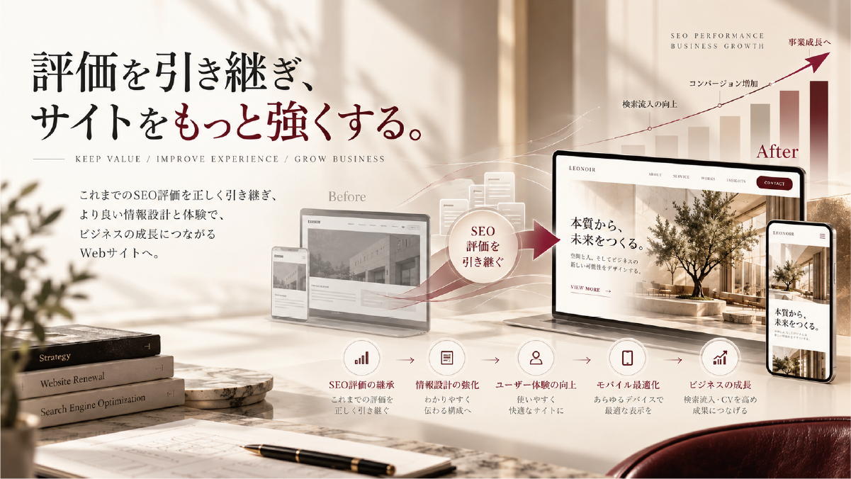 既存サイトのSEO評価を引き継ぎながら、情報設計、ユーザー体験、モバイル対応、コンバージョンを改善してサイトを成長させるリニューアルの考え方を示した図解
