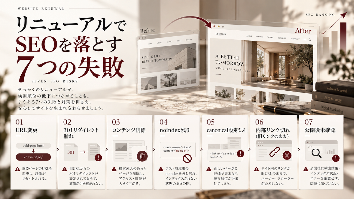 ホームページリニューアルでSEO順位を落としやすい7つの失敗として、URL変更、301リダイレクト漏れ、コンテンツ削除、noindex、canonical、内部リンク、公開後確認を整理した図解
