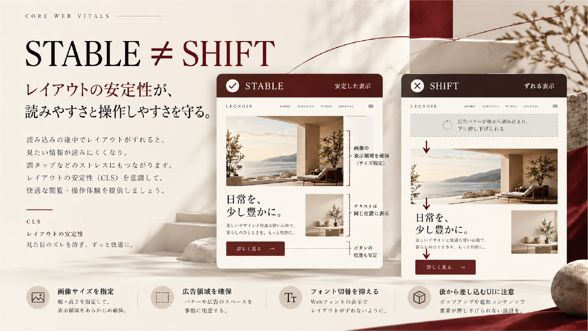 CLSにおける安定した表示とレイアウトシフトを比較し、画像サイズ、広告領域、フォント、動的コンテンツによるズレを防ぐ考え方を示した図解