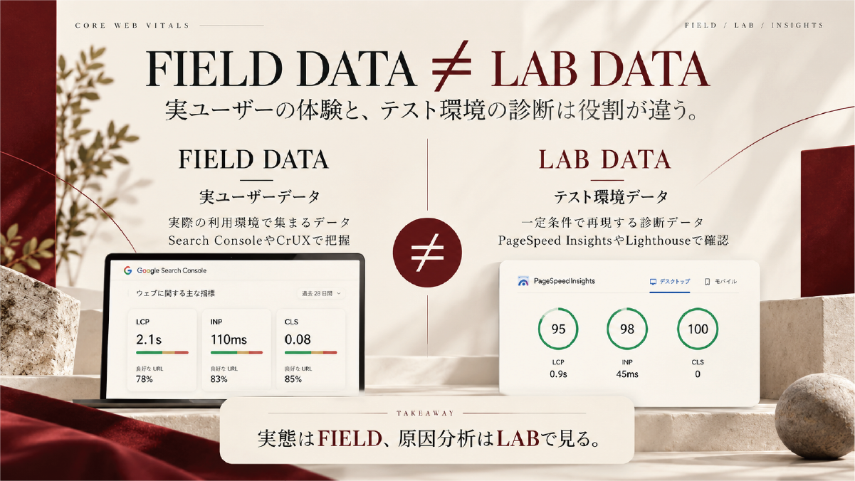 Core Web VitalsにおけるFIELD DATAとLAB DATAの違いを、実ユーザーの利用データとテスト環境での診断データに分けて比較した図解