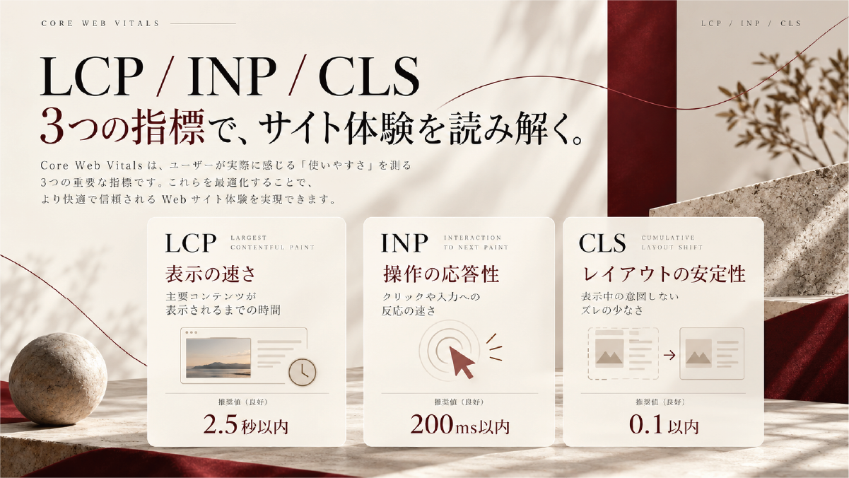 Core Web VitalsのLCP・INP・CLSについて、表示速度、操作への応答性、レイアウトの安定性と良好の目安を整理した図解