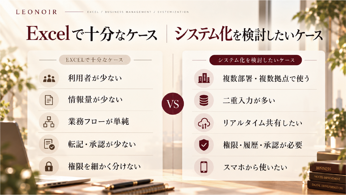 Excel管理で十分なケースとシステム化を検討したいケースの比較