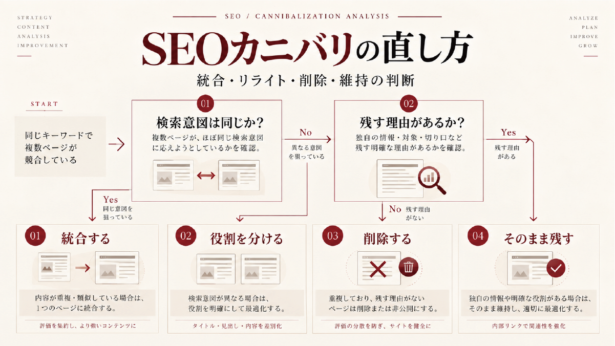 SEOカニバリの統合、リライト、削除、維持を判断するフロー