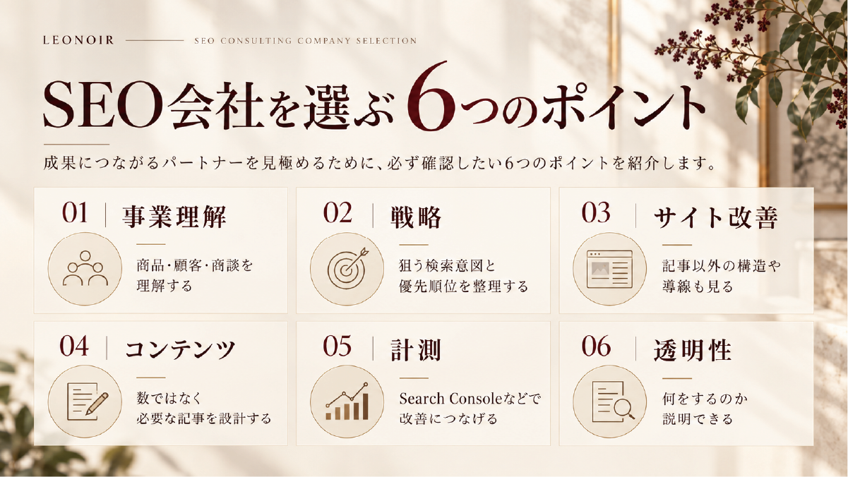 SEOコンサル会社を選ぶ6つのポイント