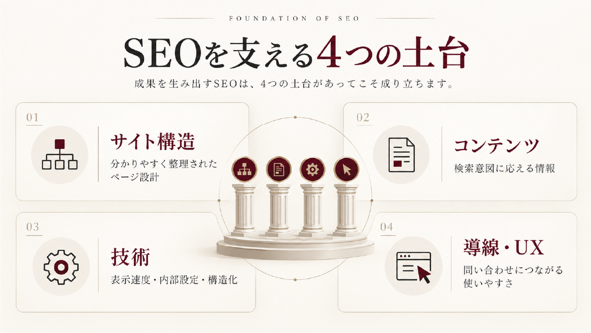 SEOを支えるサイト構造、コンテンツ、技術、導線・UXの4つの土台